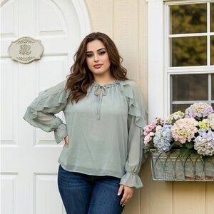 Easel Soft Green Ruffled Blouse